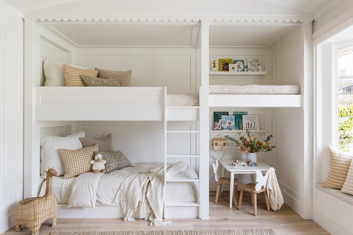Neutral Kids Room with Custom Bunk Bed - Kids Room interior design by Decozie