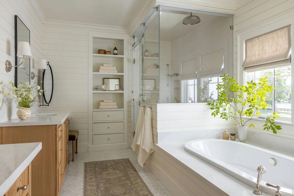 Serene White & Wood Bathroom Design - Bathroom interior design by Decozie