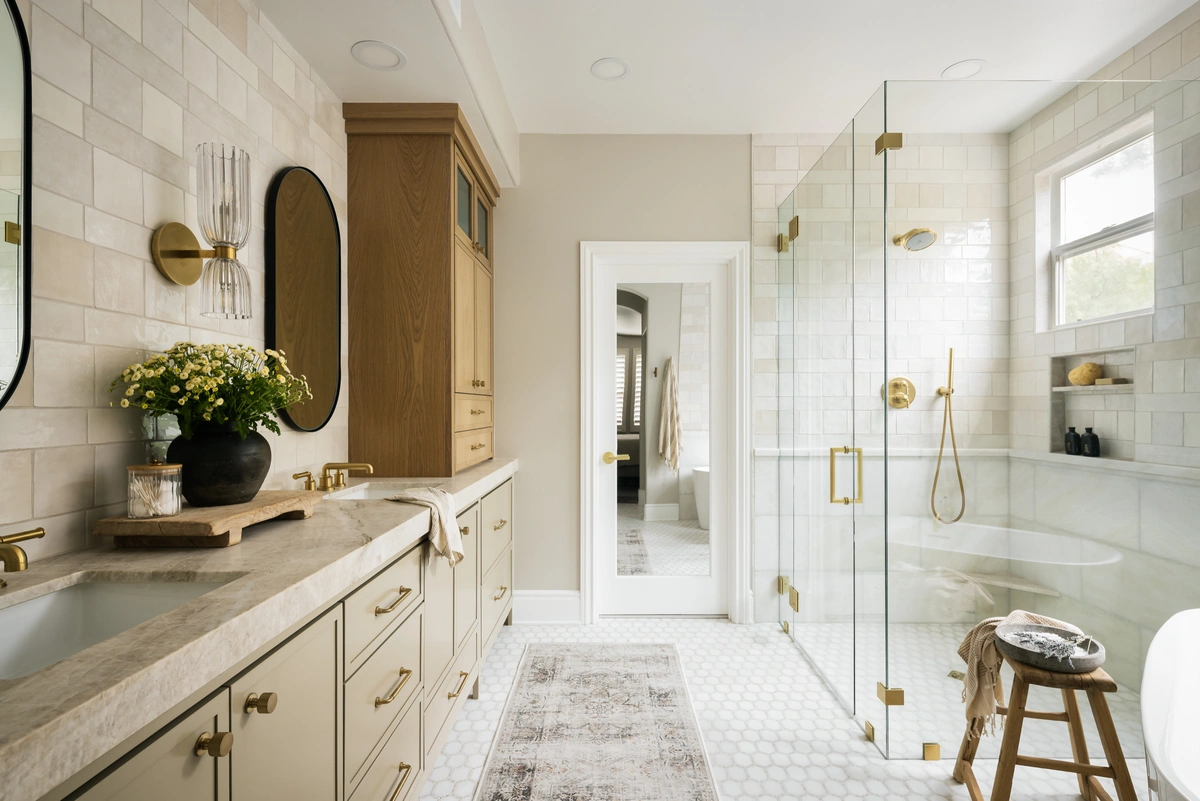 Warm Organic Master Bathroom with Zellige Tiles & Brass Accents - View 1