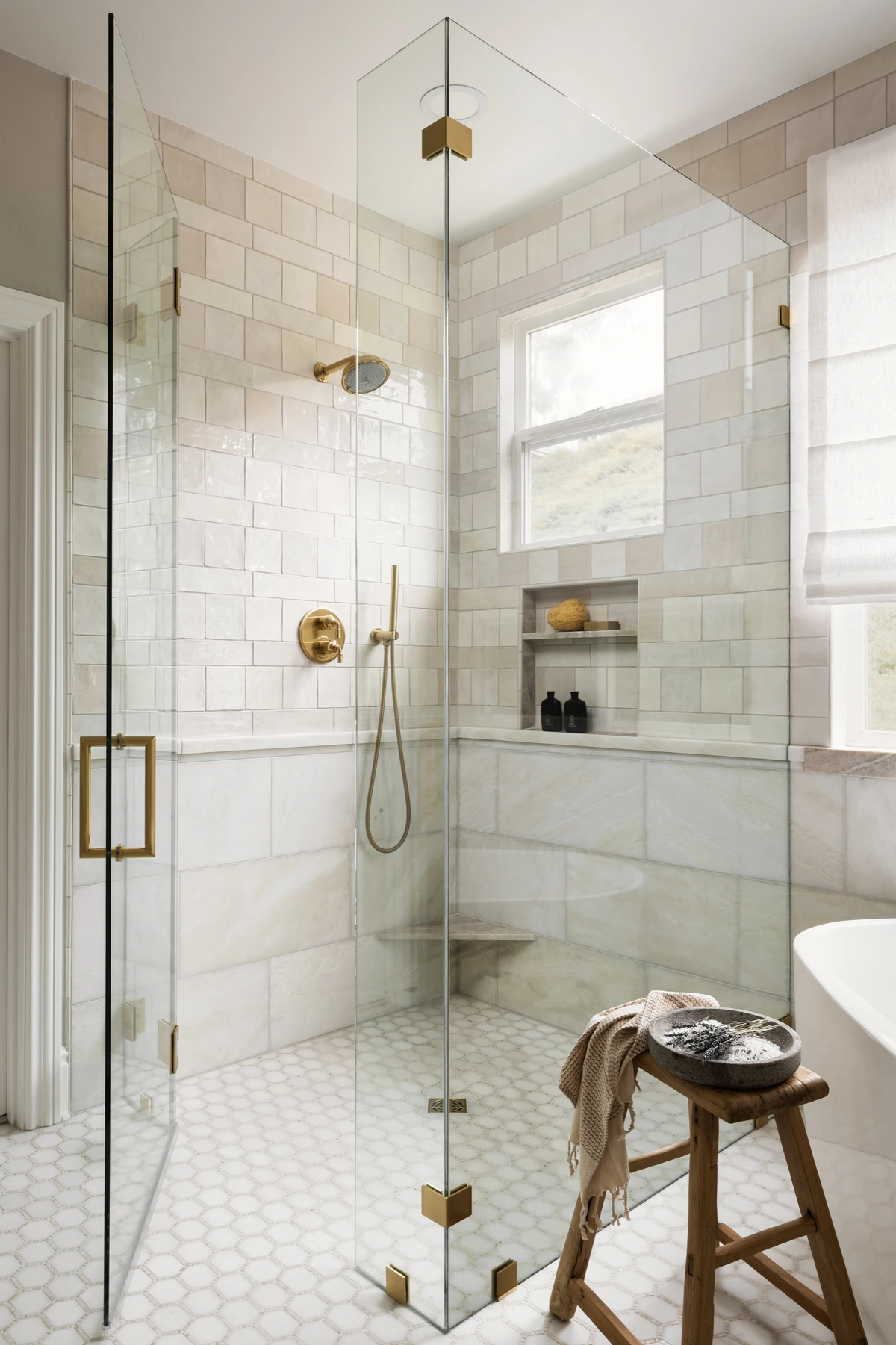 Warm Organic Master Bathroom with Zellige Tiles & Brass Accents - View 3