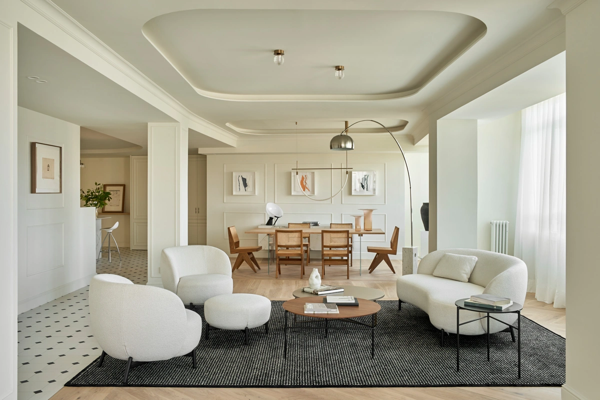Sculptural Modern Living & Dining Room with Curved Bouclé Seating - Living & Dining interior design by Decozie