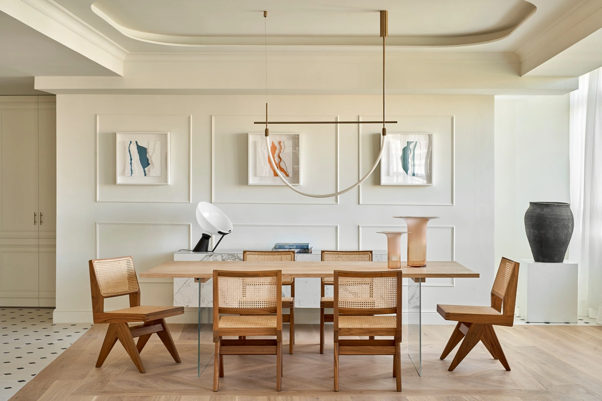 Sculptural Modern Living & Dining Room with Curved Bouclé Seating - View 2