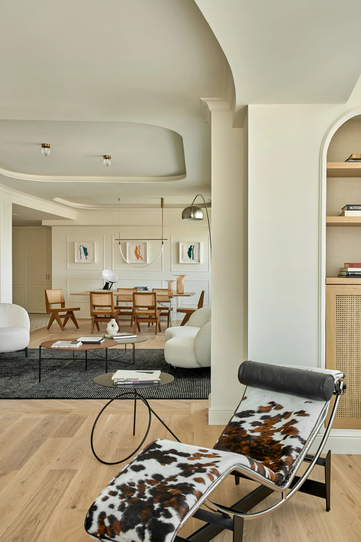Sculptural Modern Living & Dining Room with Curved Bouclé Seating - View 4