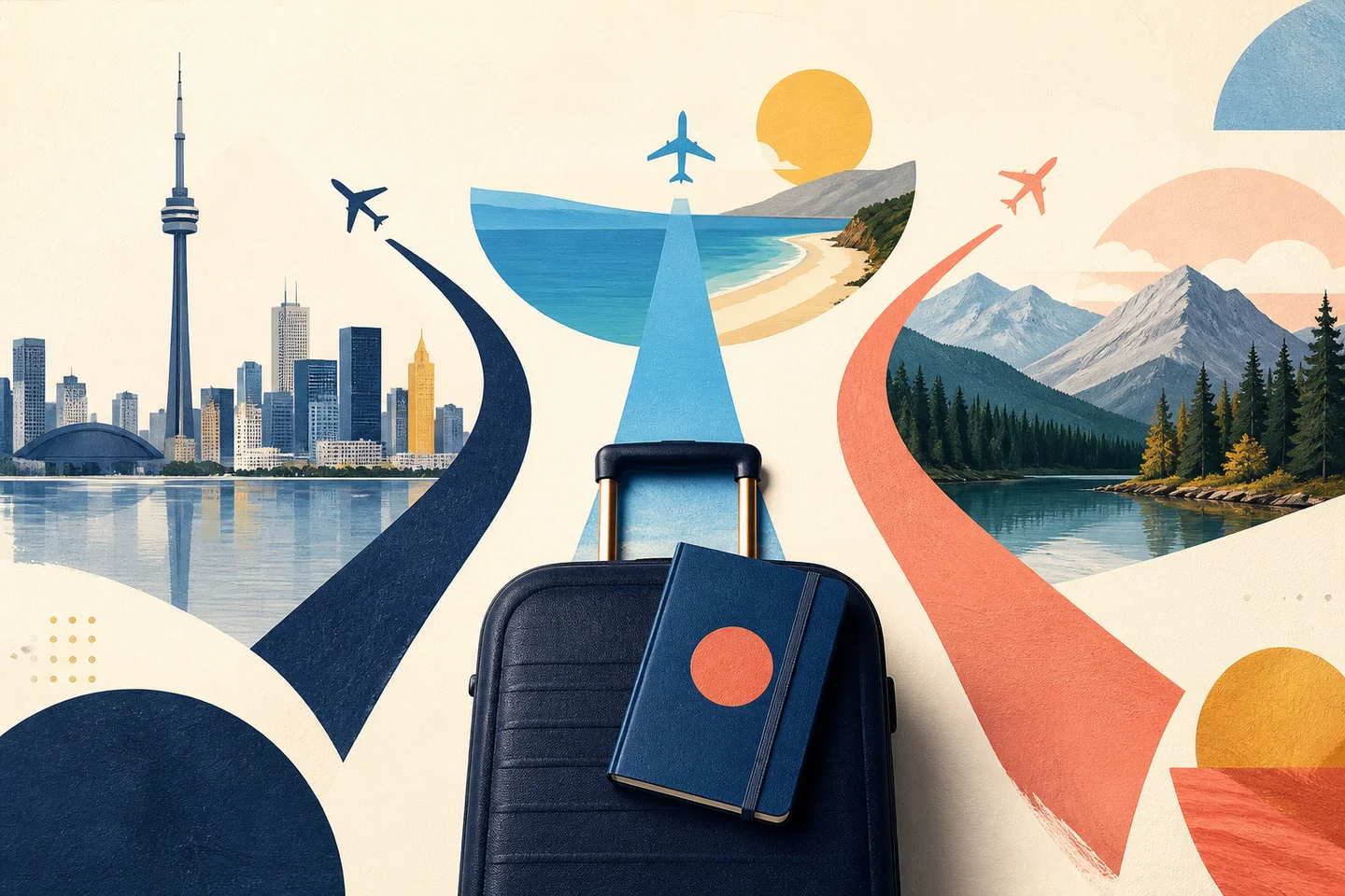 Editorial illustration of Toronto, a suitcase, and flight paths toward beach and mountain destinations.