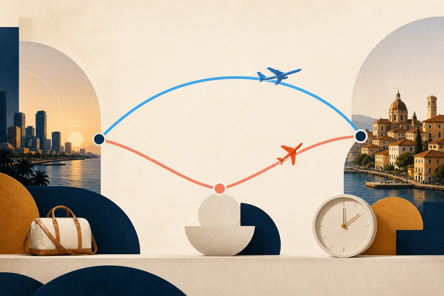 Editorial illustration comparing a direct blue flight path with a coral route that includes a connection.