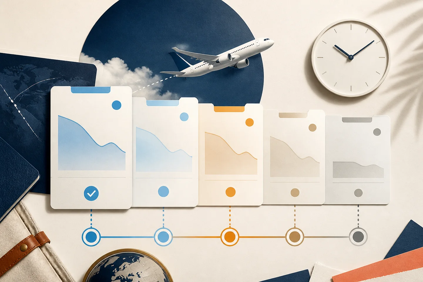 Editorial illustration of flight fare cards moving from fresh blue status markers to older neutral markers.