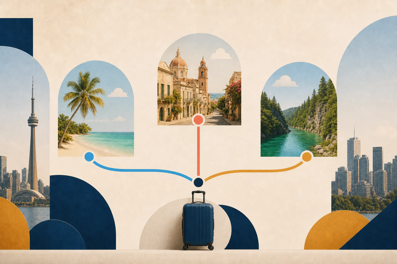 Editorial illustration of a traveller in Toronto comparing sunny beach, desert, and tropical destinations.