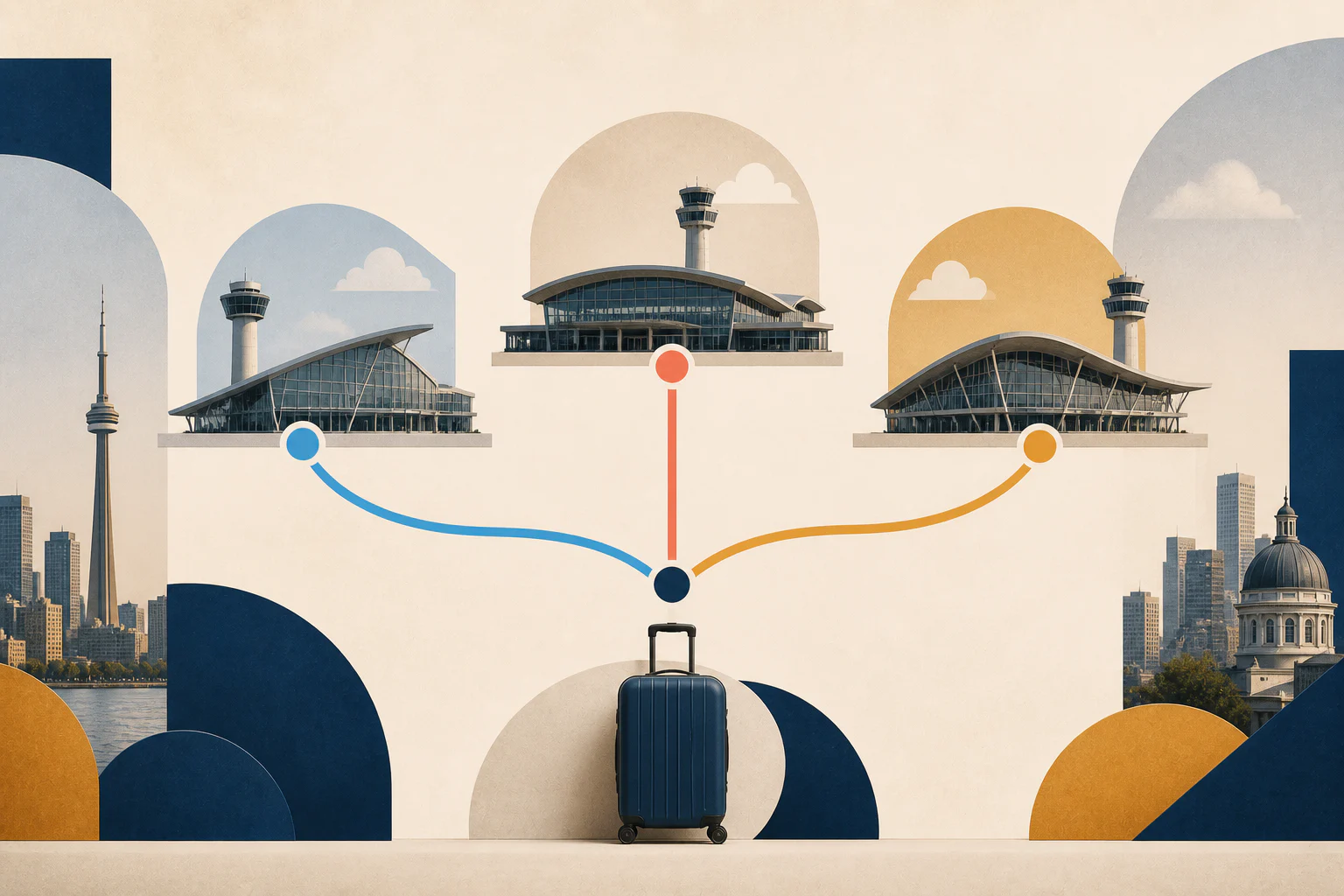 Editorial map illustration comparing Toronto Pearson, Billy Bishop, and Hamilton airports.