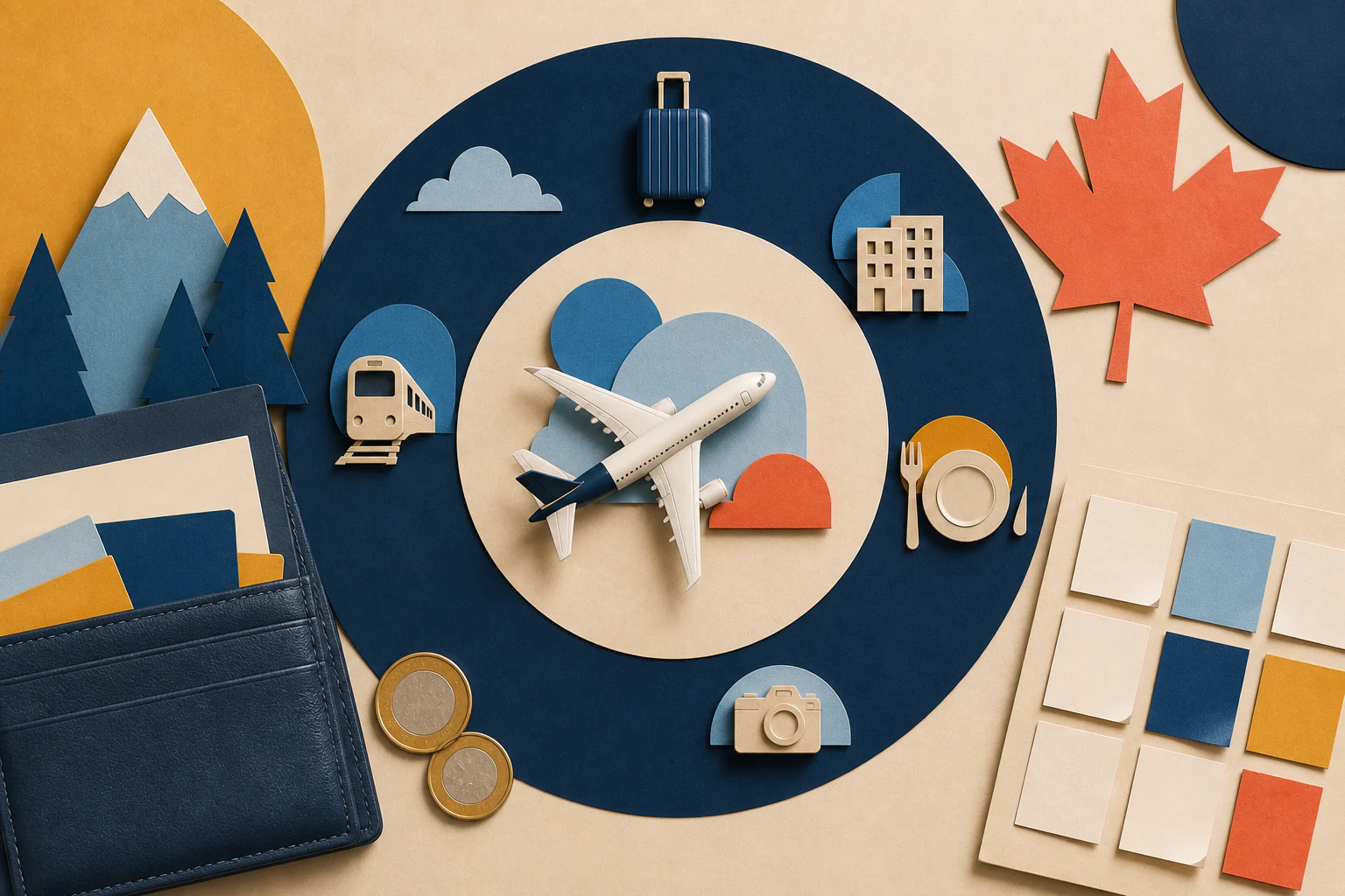 Editorial illustration of a traveller allocating a Canadian-dollar flight budget beside an airplane and calendar.