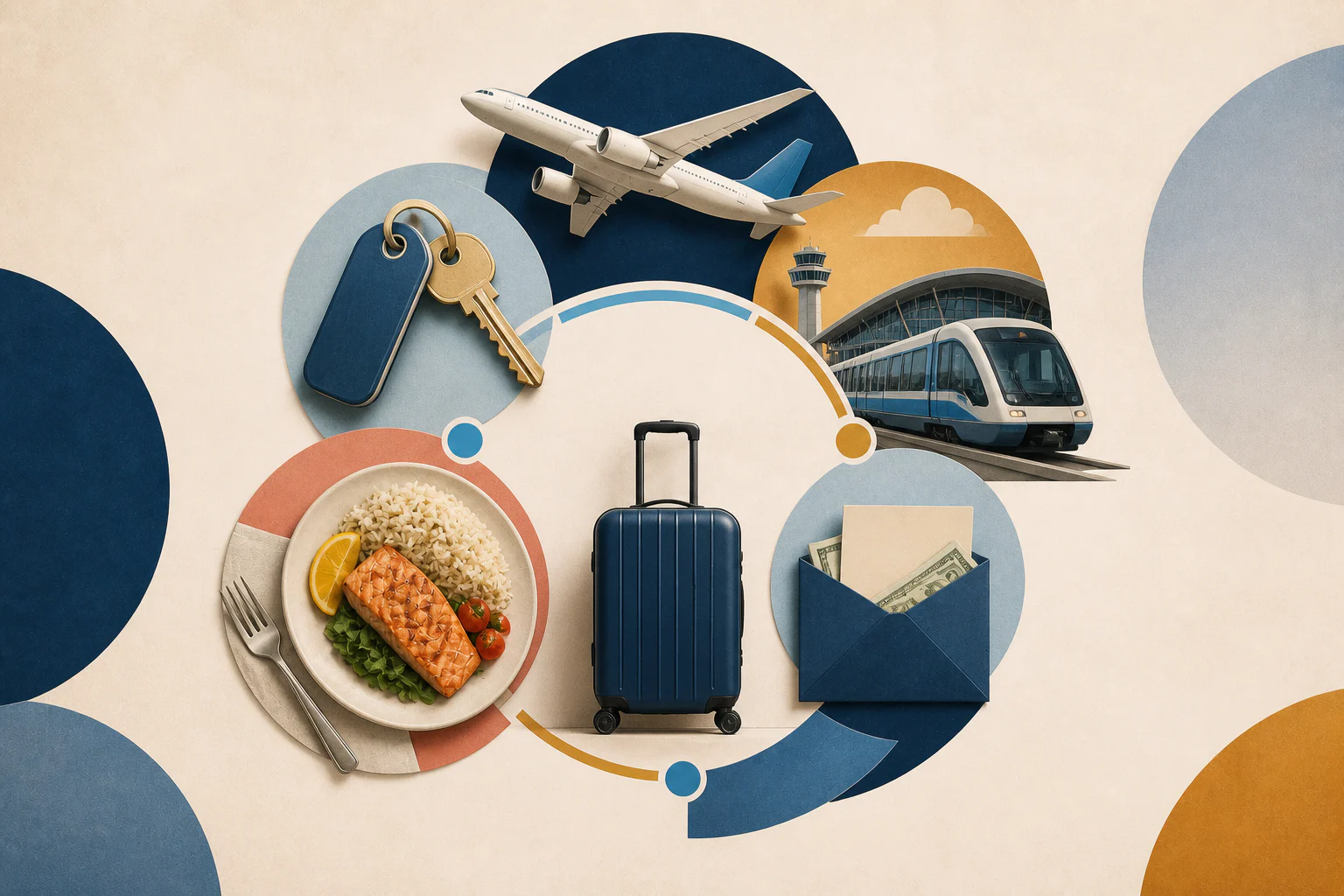 Editorial illustration of airfare surrounded by hotel, baggage, transit, food, and insurance costs.
