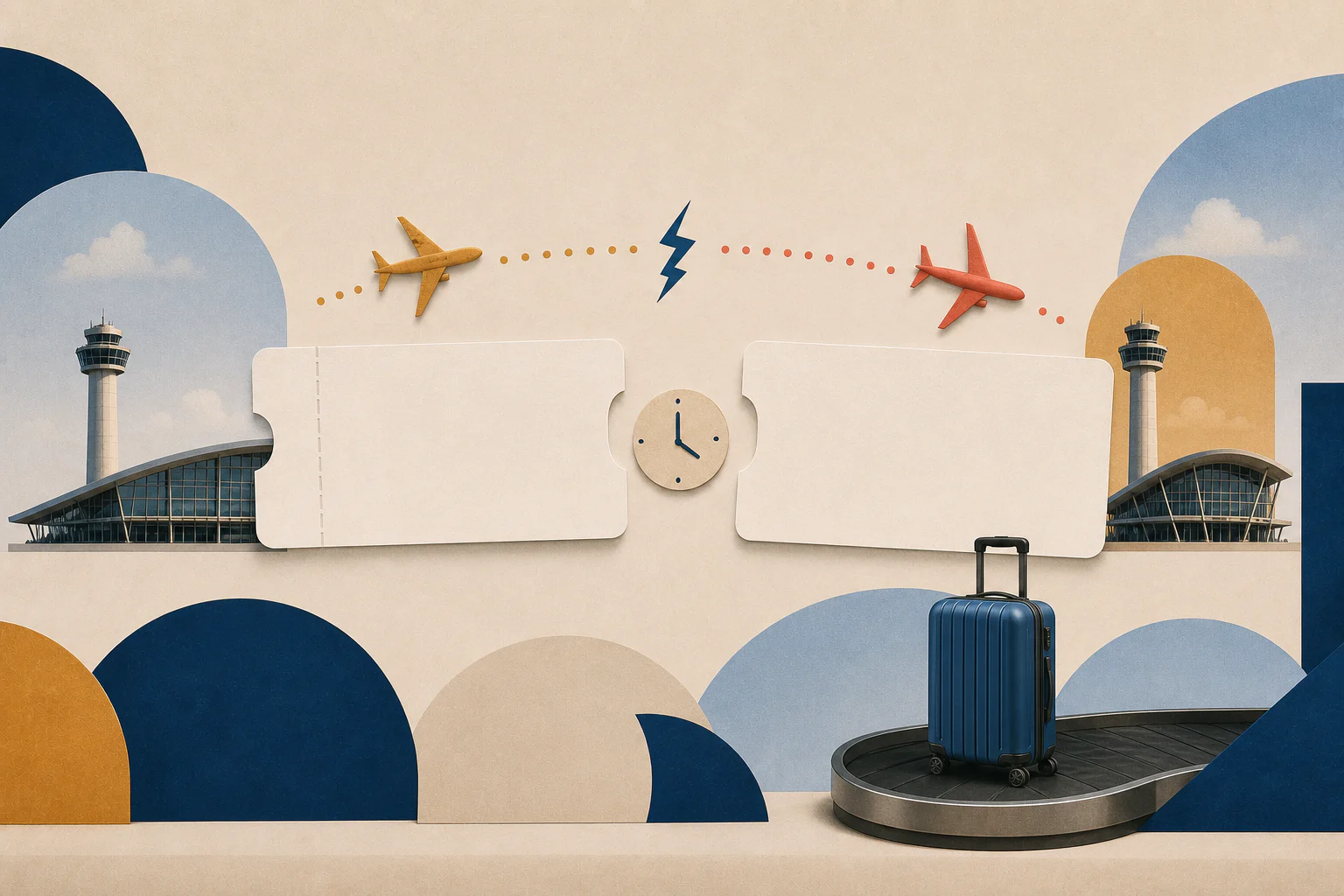 Editorial illustration of a traveller carrying baggage between two separately ticketed flights.