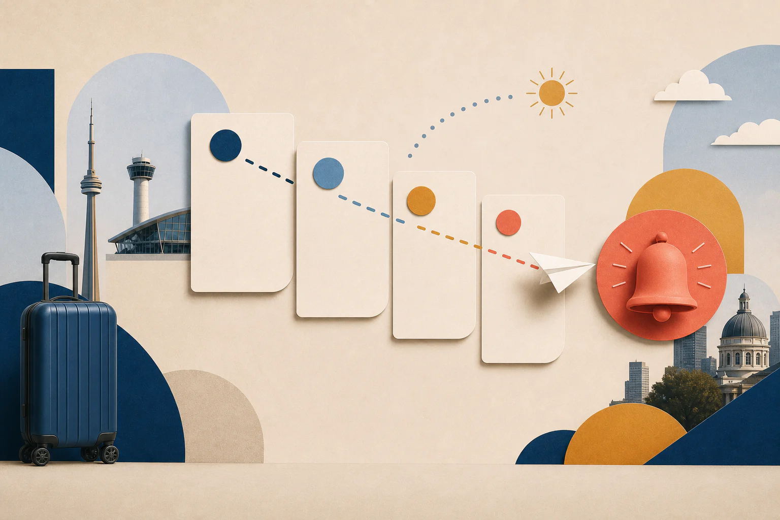 Editorial illustration of a phone receiving flight price alerts beside a fare chart and airplane.