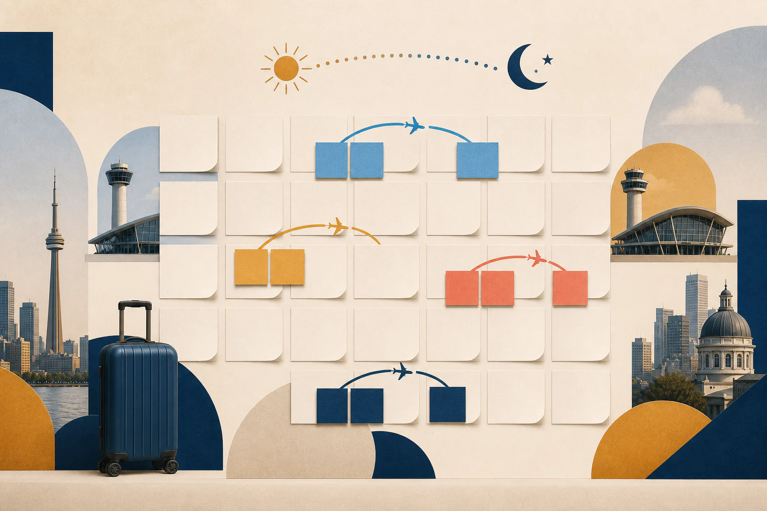 Editorial illustration of a flexible calendar revealing different Canadian flight options and prices.