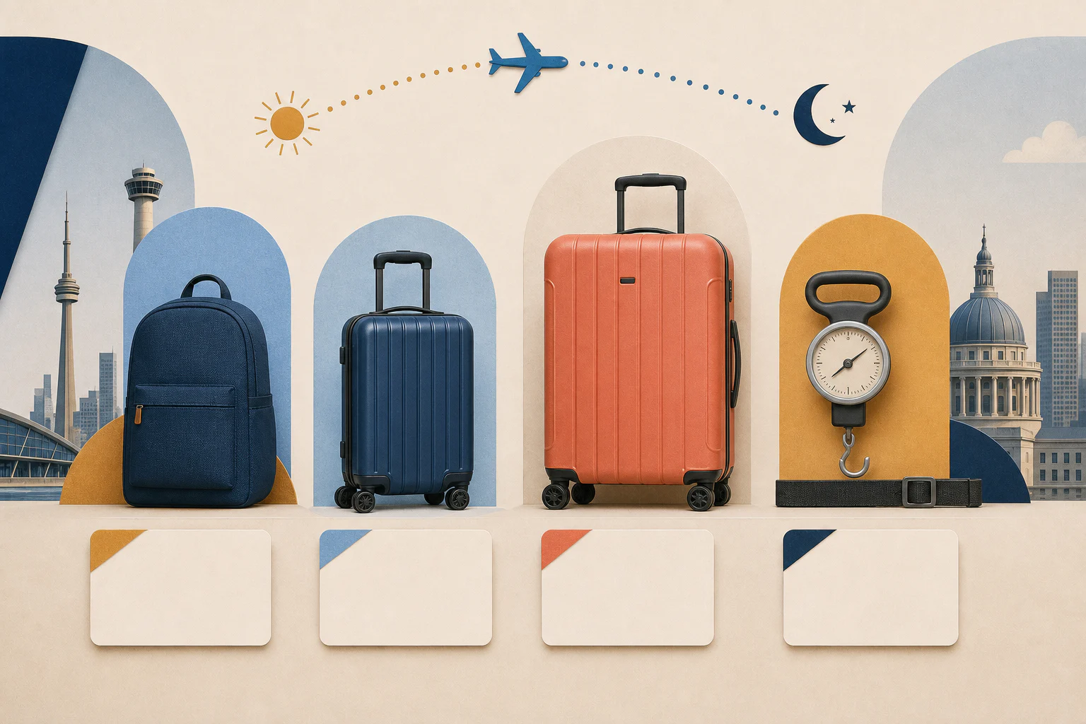 Editorial illustration comparing a low airfare with carry-on and checked-baggage charges.