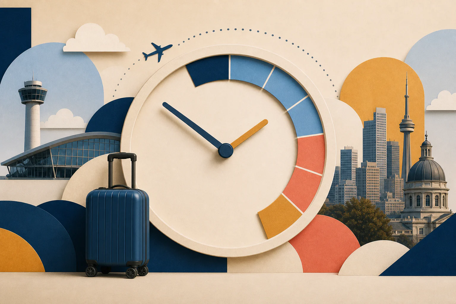 Editorial illustration comparing a clock, flight route, and shrinking block of destination time.