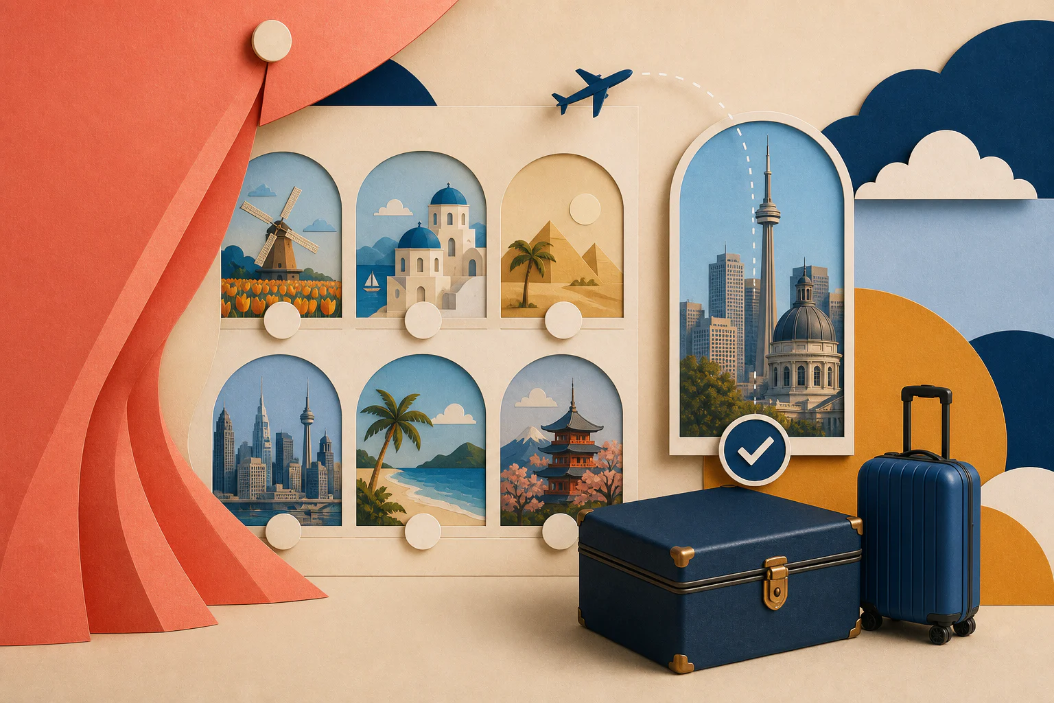 Editorial illustration of a packed suitcase, checklist, passport, tickets, and a hidden destination marker.