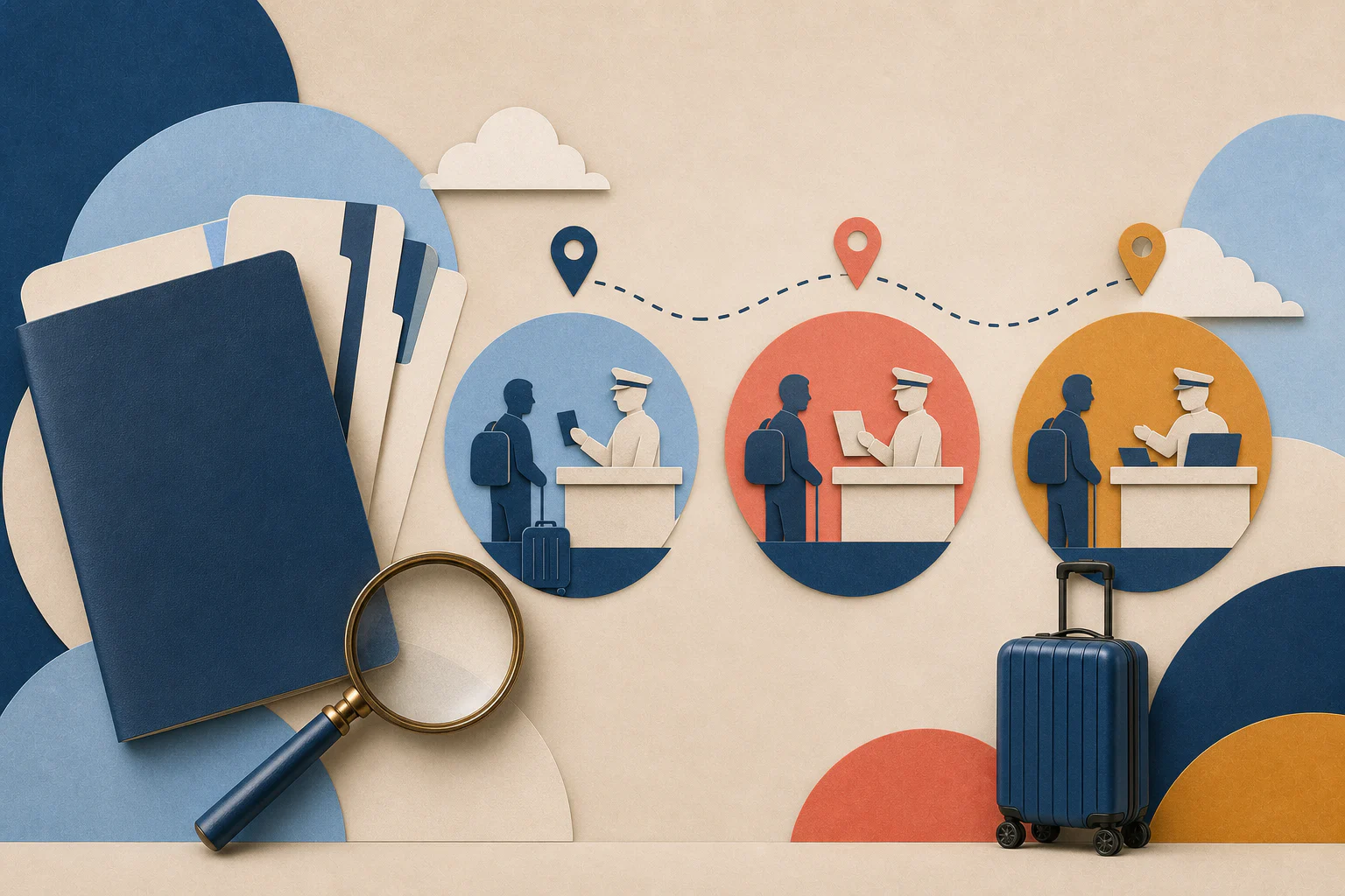 Editorial illustration of a Canadian passport beside an airplane, entry stamp, and destination signs.