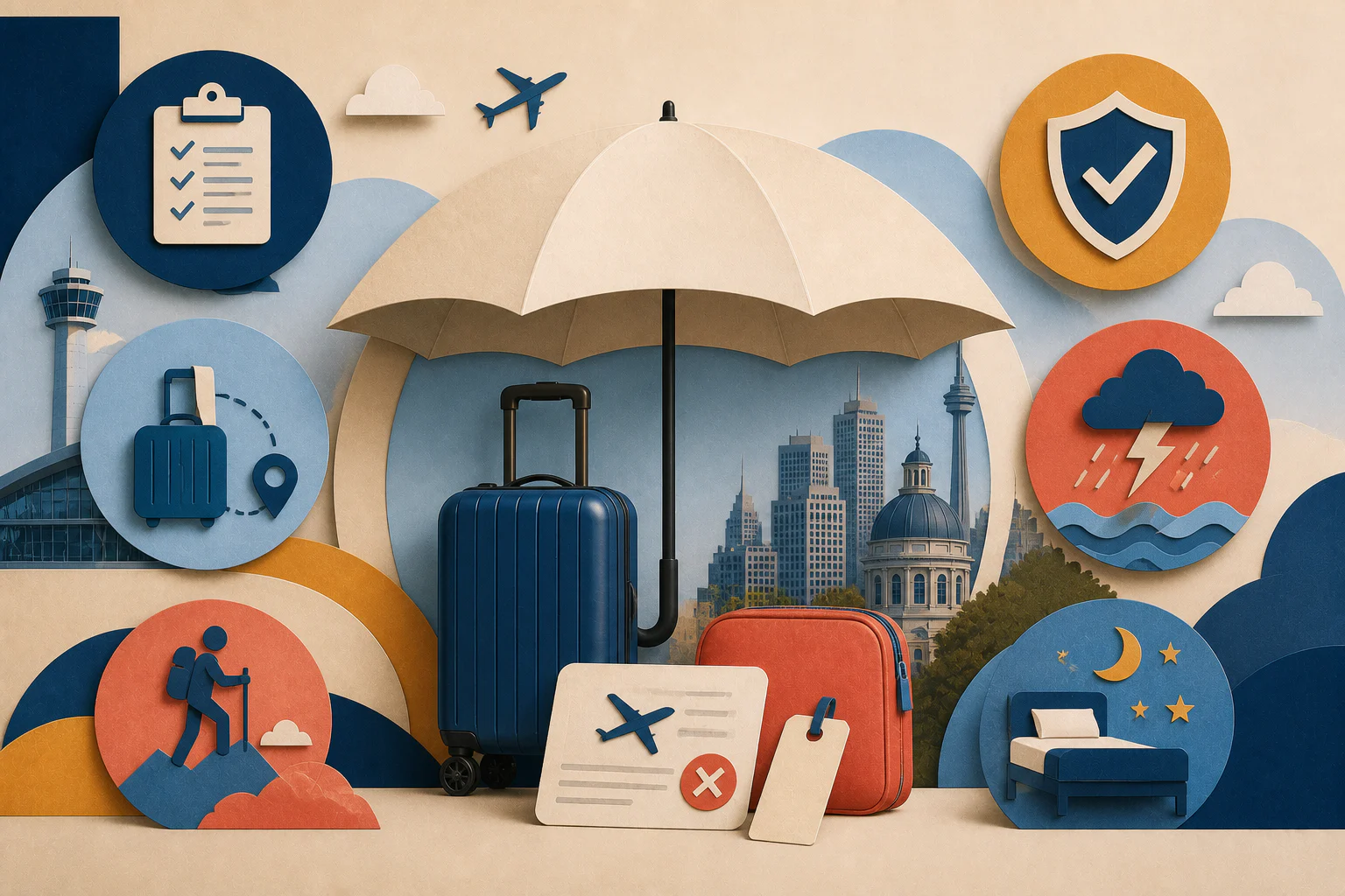Editorial illustration of a Canadian traveller protected by an insurance shield beside a suitcase and airplane.