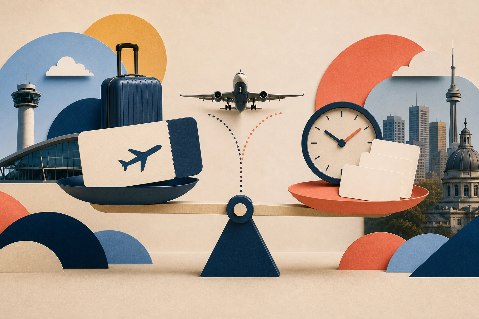 Editorial illustration of a traveller weighing a book-now button against a clock and changing flight-price chart.