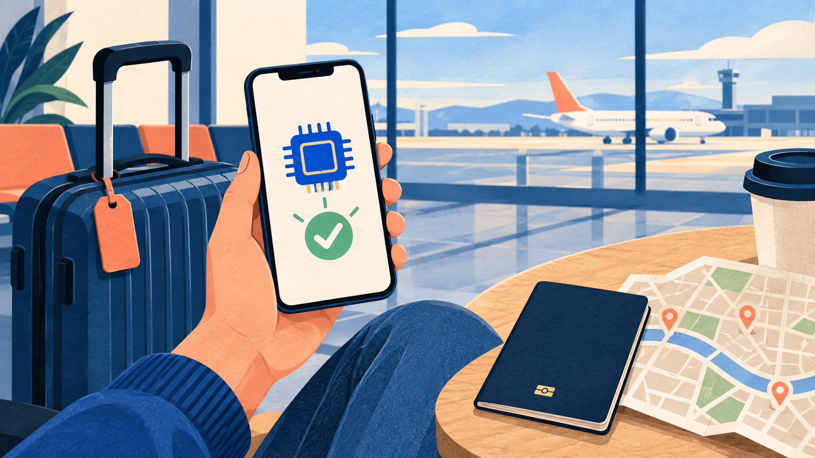Illustration of a traveller checking an eSIM symbol on a phone beside a suitcase, passport and map at an airport