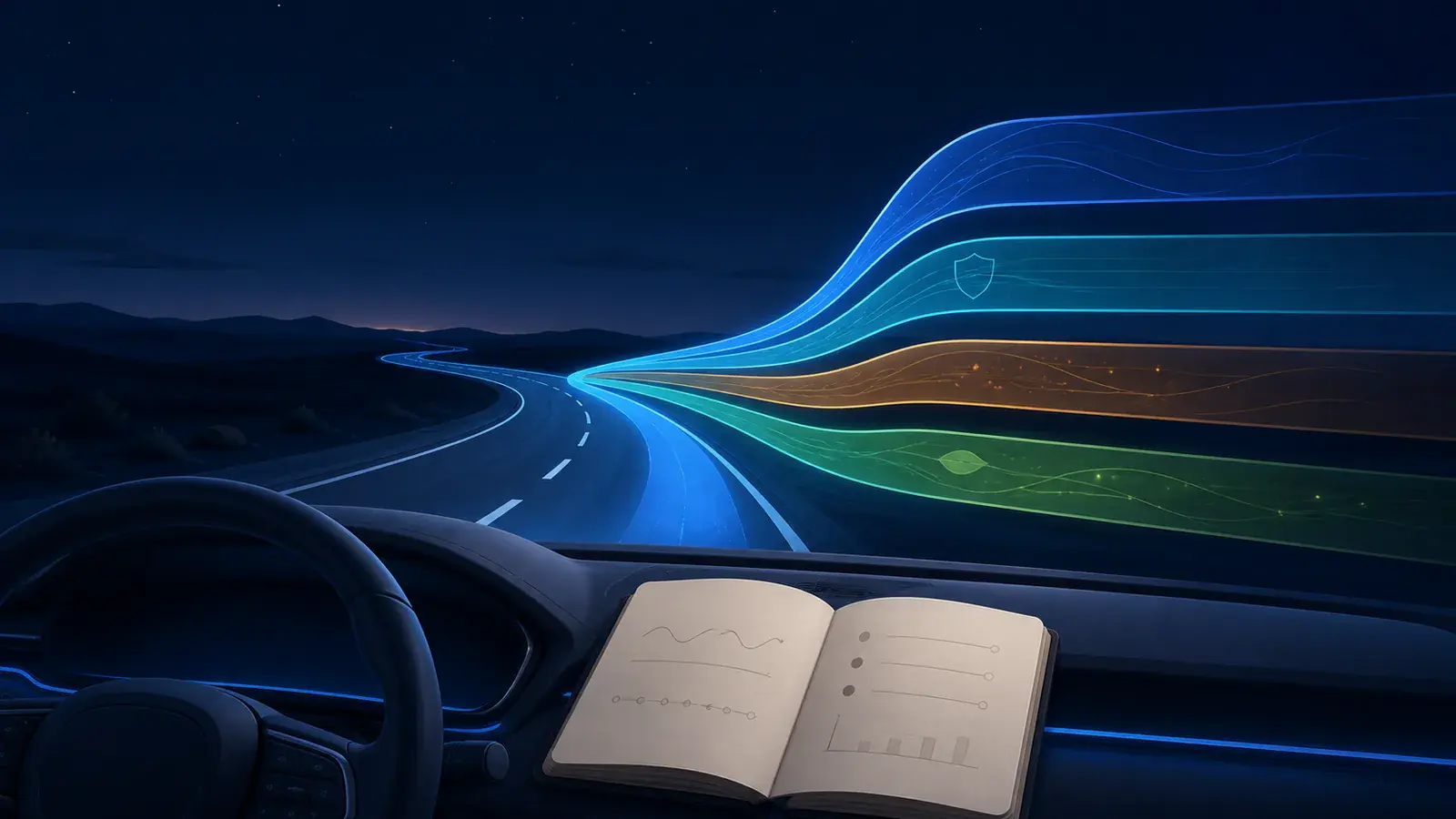 Illustrated car on a curving road with braking, acceleration and phone stability signals around it.