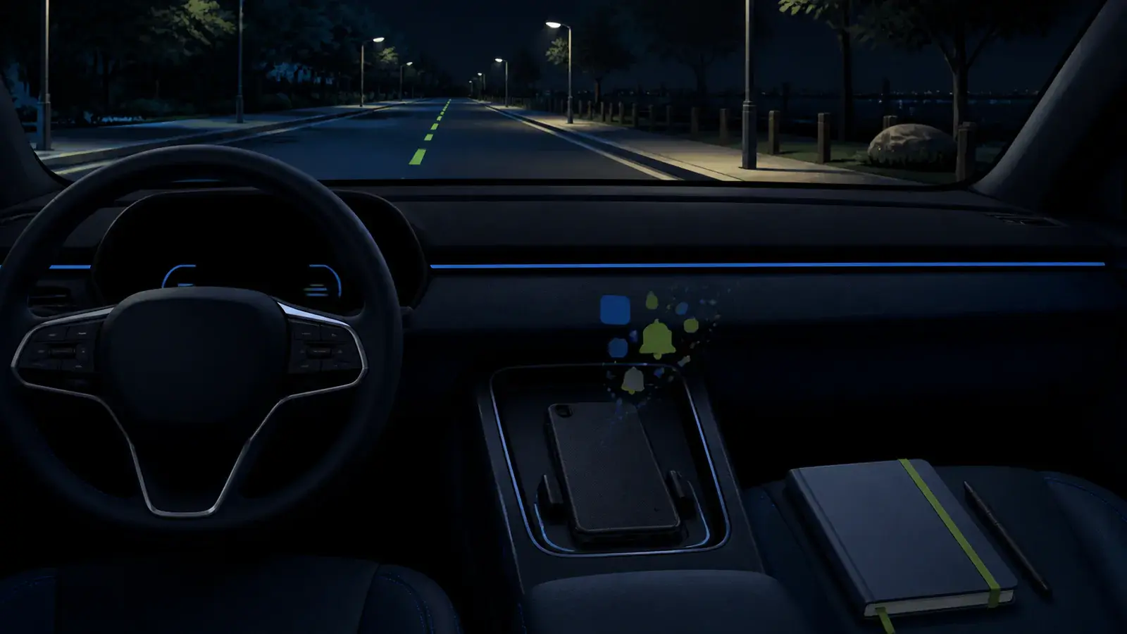 Illustrated phone set aside in a vehicle console while the driver follows a clear road.