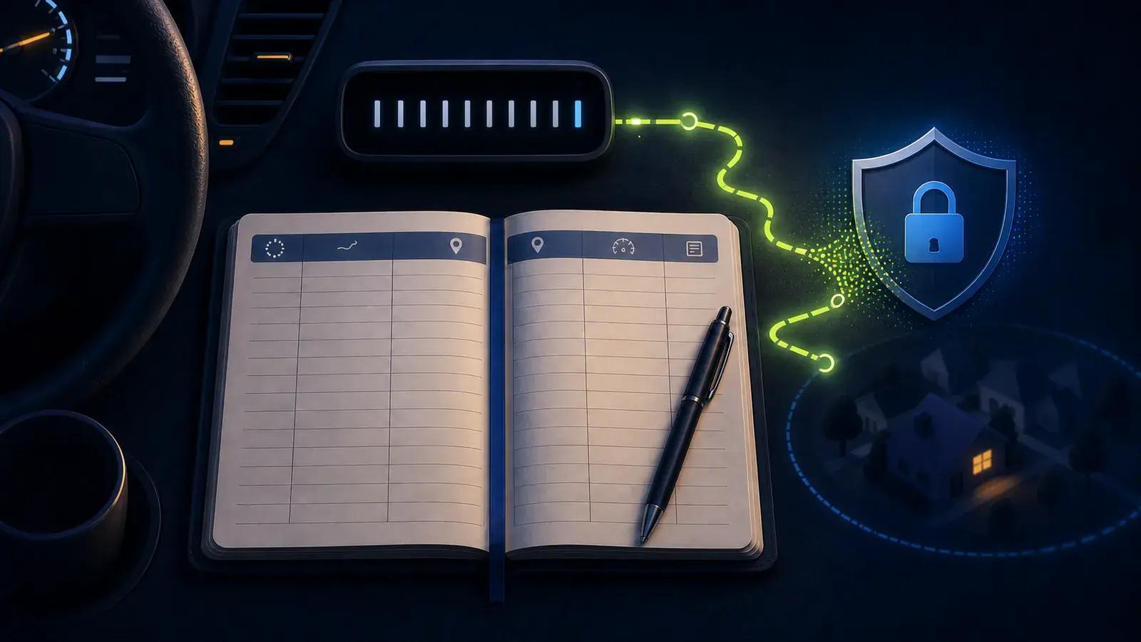 Illustrated mileage log beside an odometer and a route trace fading into a privacy shield.