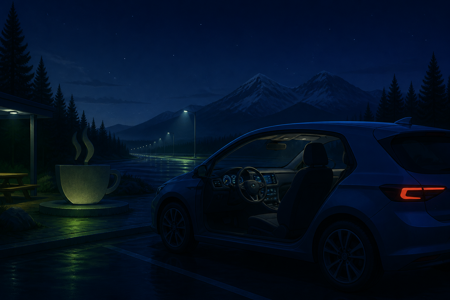 A parked blue car at a quiet nighttime highway rest area beside a large coffee-cup rest symbol