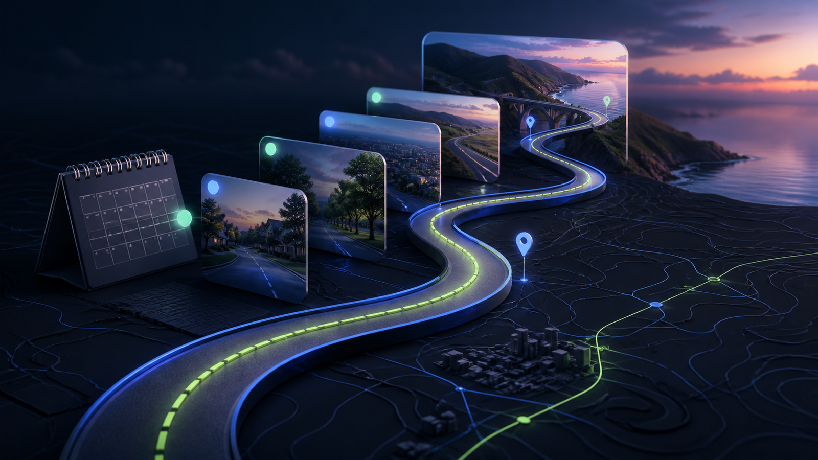 A winding route linking a calendar, map and completed-drive cards to represent a personal driving history.