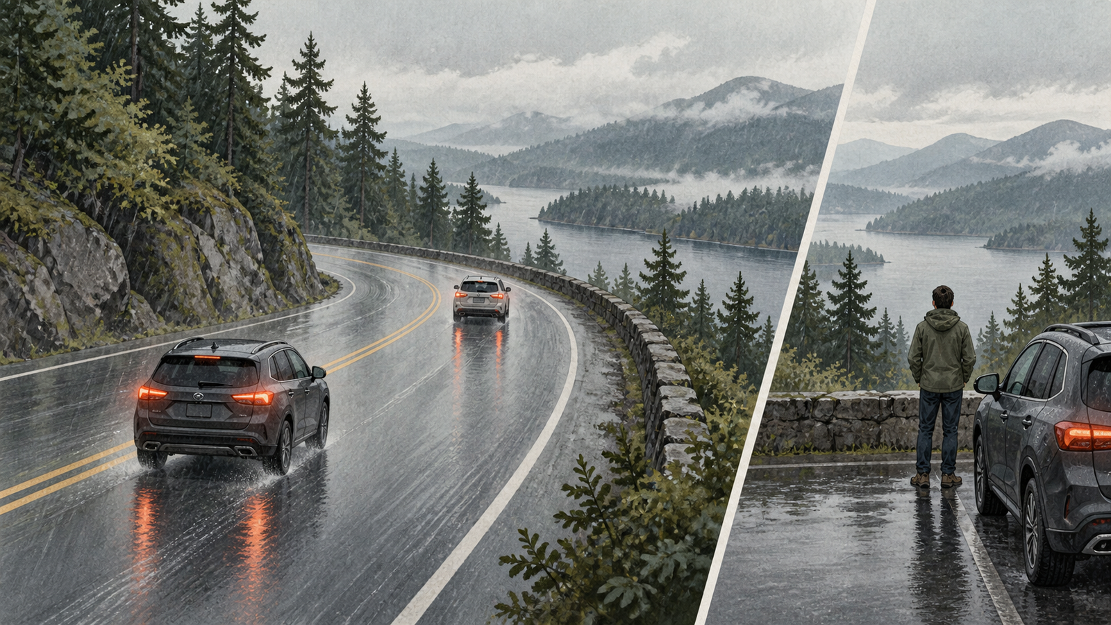 Illustration of cars spaced apart on a wet lakeside road and a driver beside a parked car at a lookout
