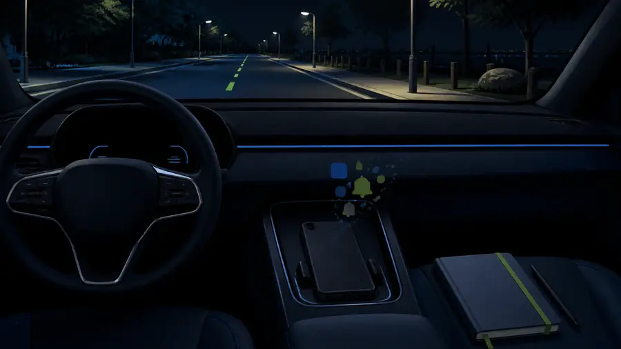 Illustrated phone set aside in a vehicle console while the driver follows a clear road.