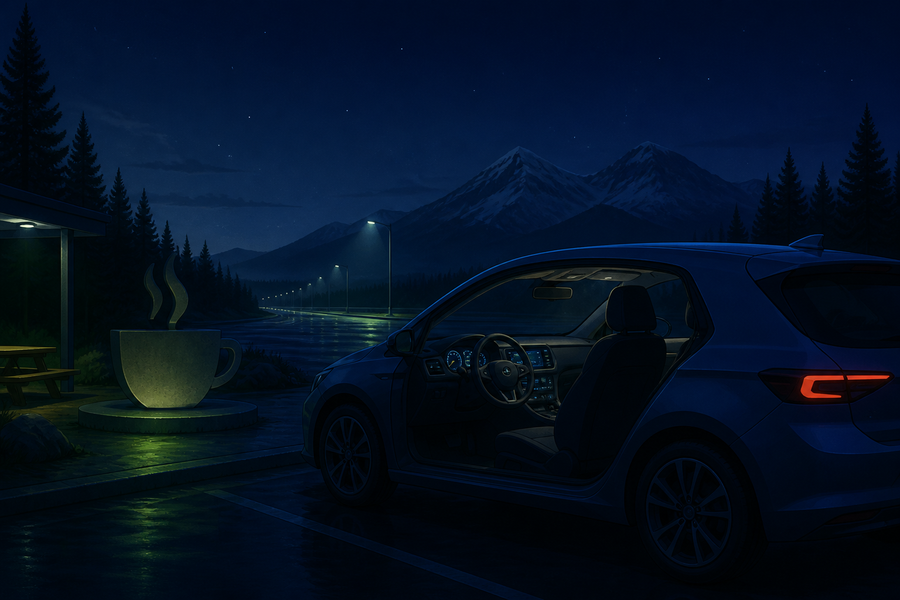 A parked blue car at a quiet nighttime highway rest area beside a large coffee-cup rest symbol