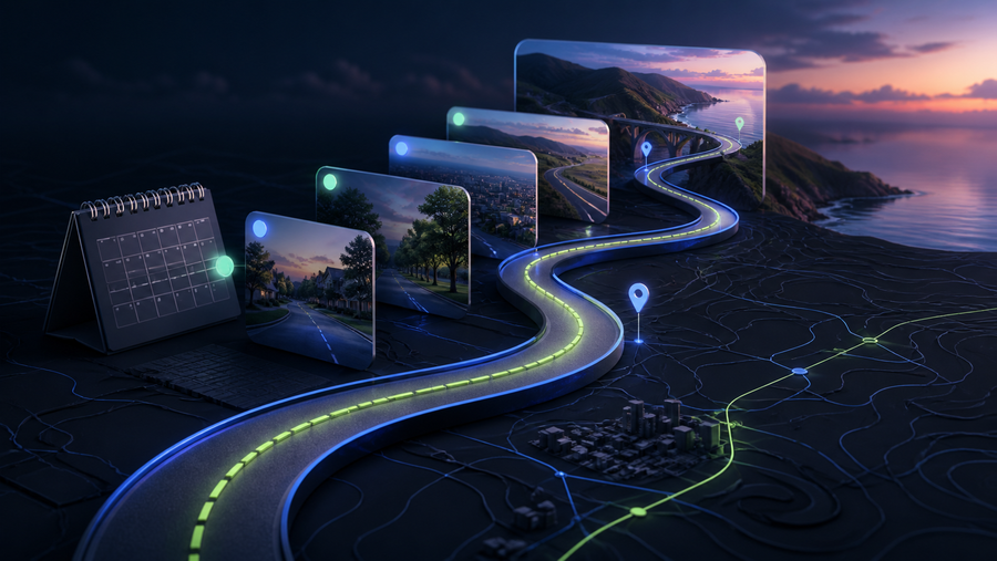 A winding route linking a calendar, map and completed-drive cards to represent a personal driving history.