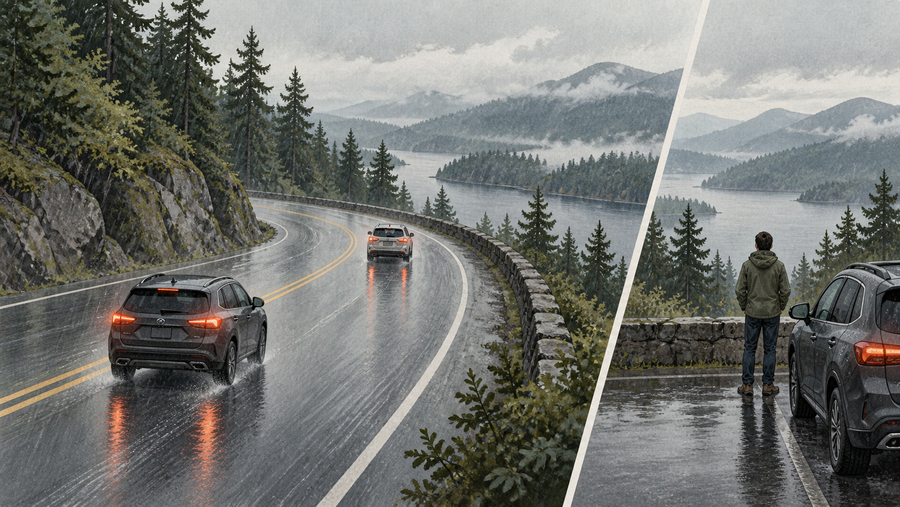 Illustration of cars spaced apart on a wet lakeside road and a driver beside a parked car at a lookout