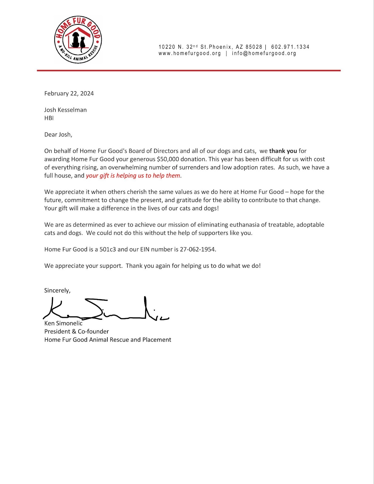 Letter thanking Kesselman for his donation. 
