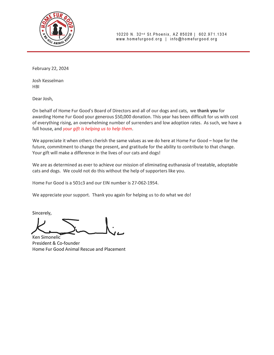 Letter to Josh Kesselman from Home Fur Good No-Kill Animal Rescue
