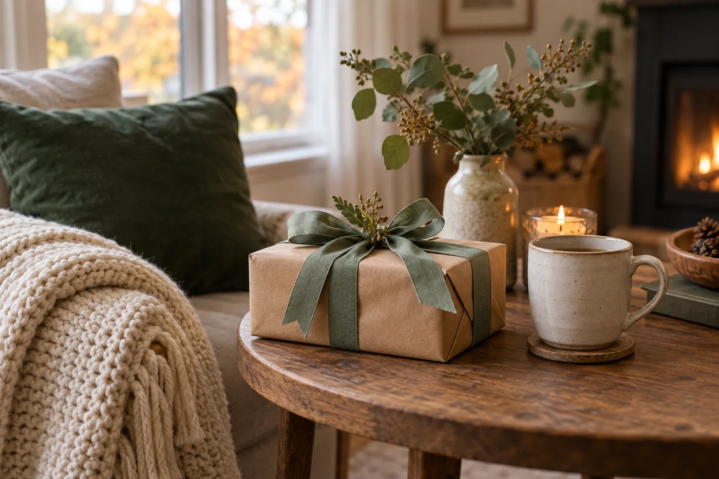 Editorial illustration of a wrapped gift beside a throw