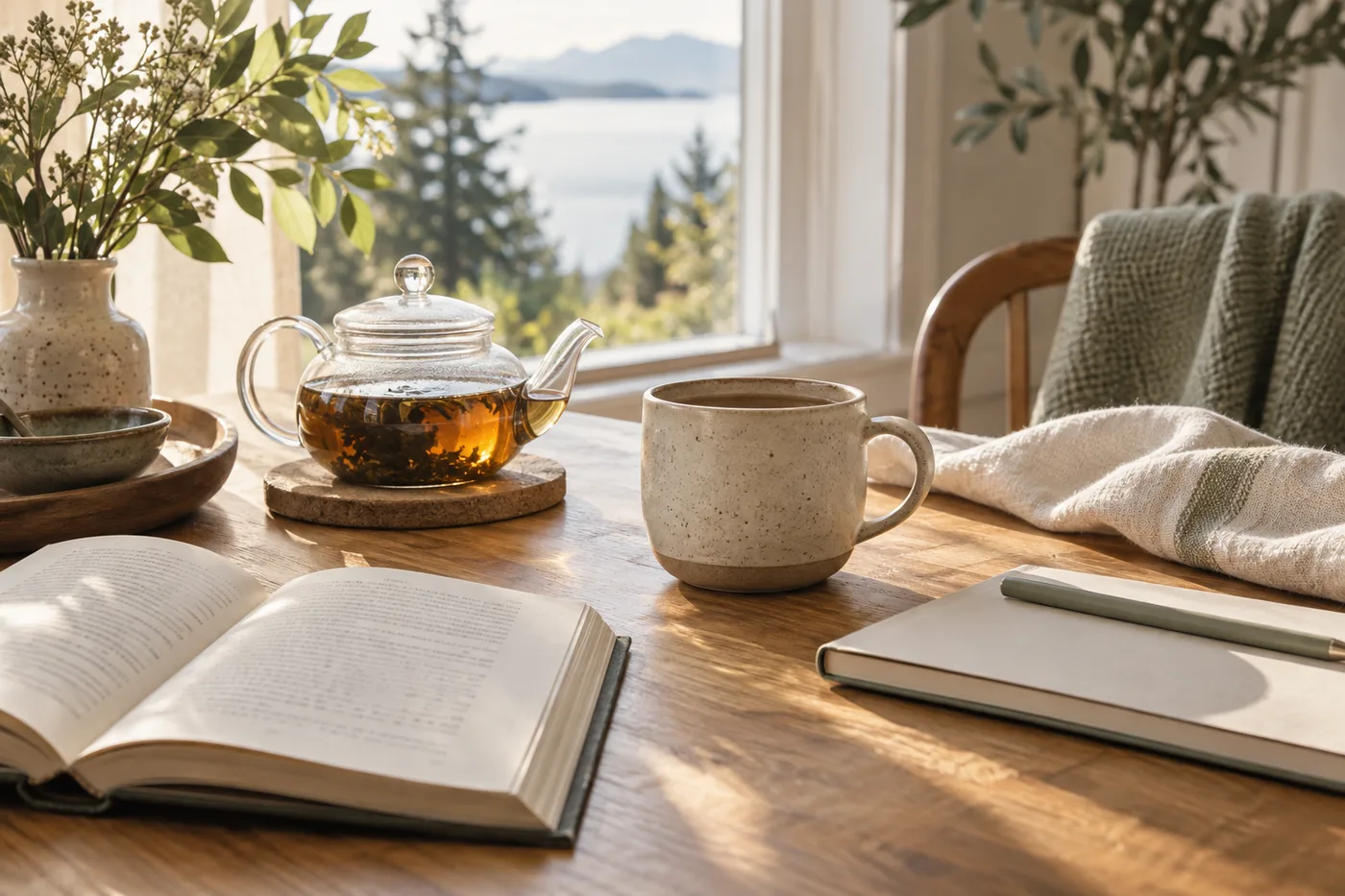 Editorial illustration of tea and a book by a window