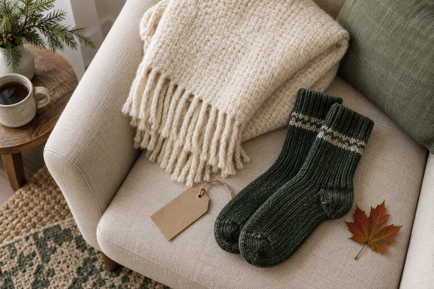 Editorial illustration of a blanket and socks in a quiet home