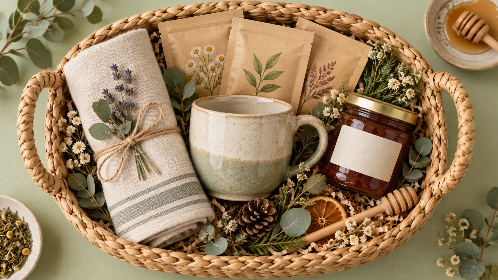 An open woven gift basket with linen, a ceramic cup, tea packets and a small jar, viewed from above.