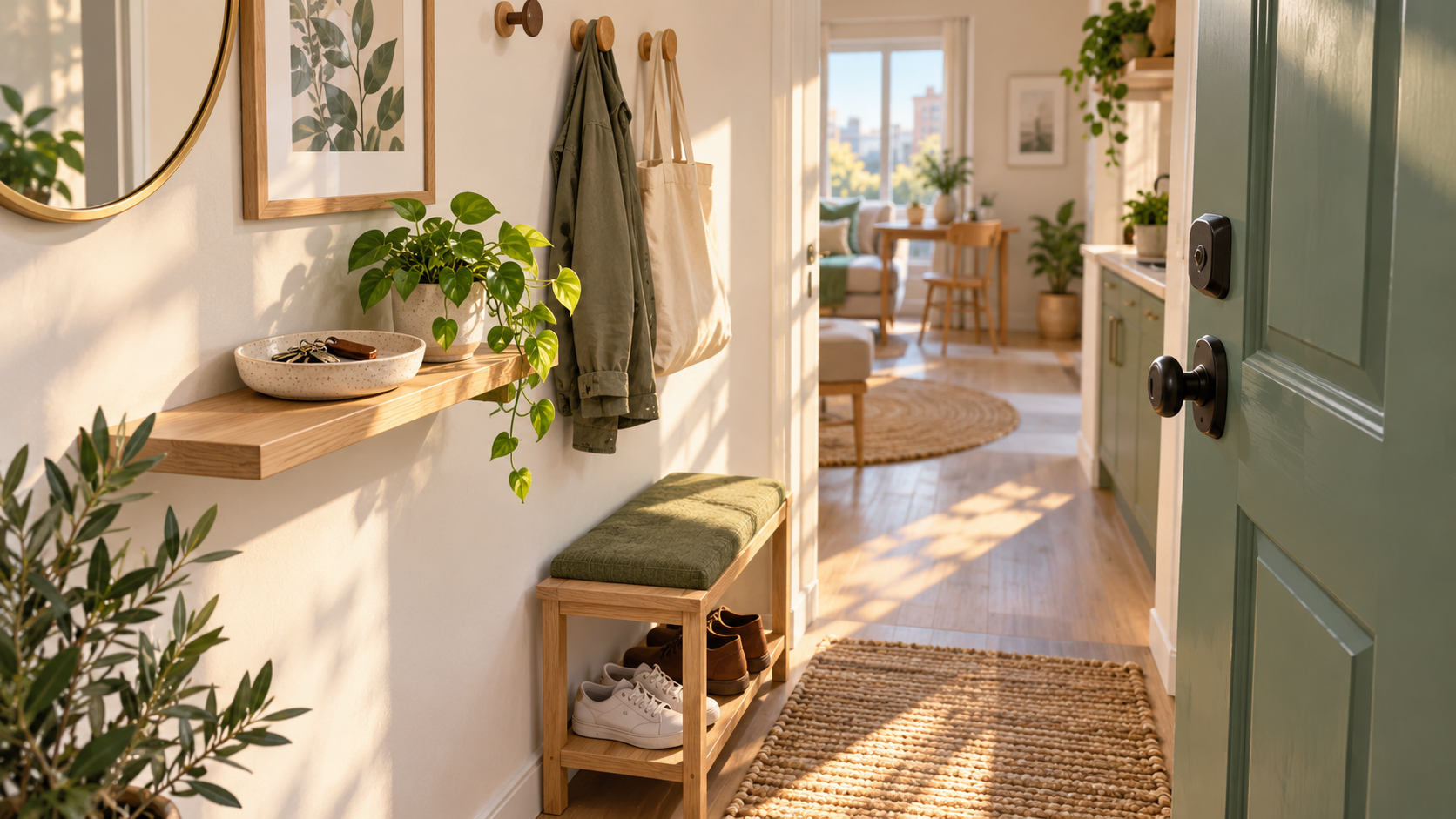 A compact entryway with wall hooks, a small plant and a shallow key tray.