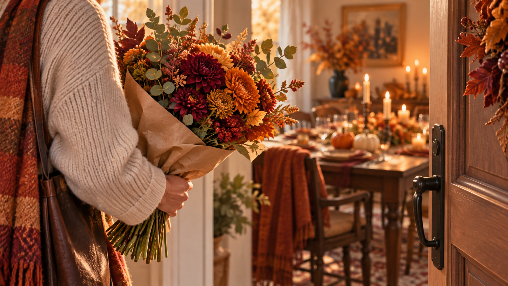 A guest carries a seasonal flower bouquet through a doorway toward an autumn dinner table.