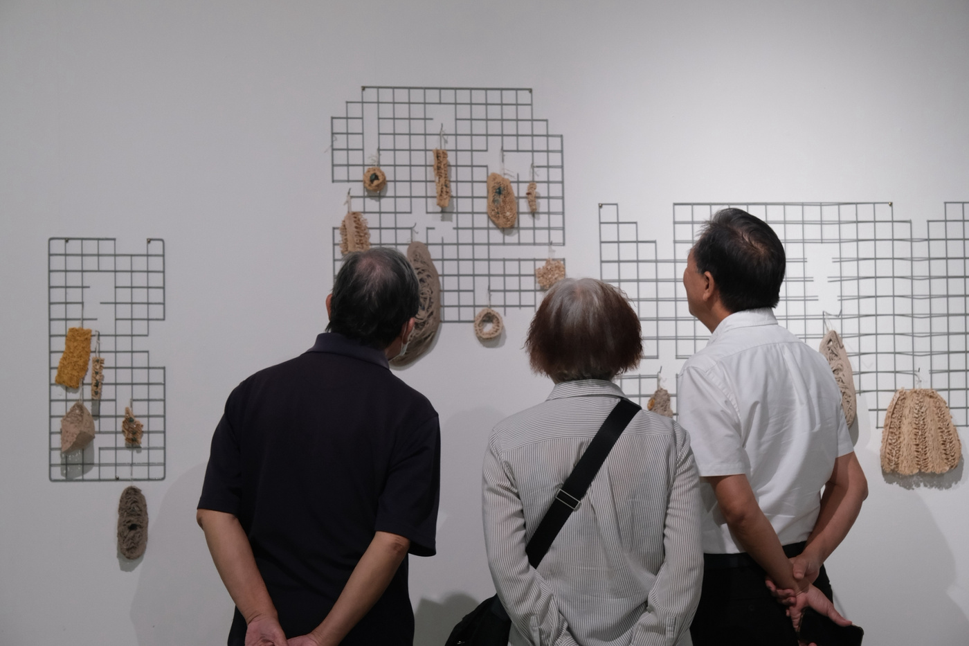 三位訪客觀看展覽牆面，牆上展示著排列在金屬網格上的天然物體。這些物體看起來像是在白色牆面上以不同高度懸掛的乾燥植物或種子莢。