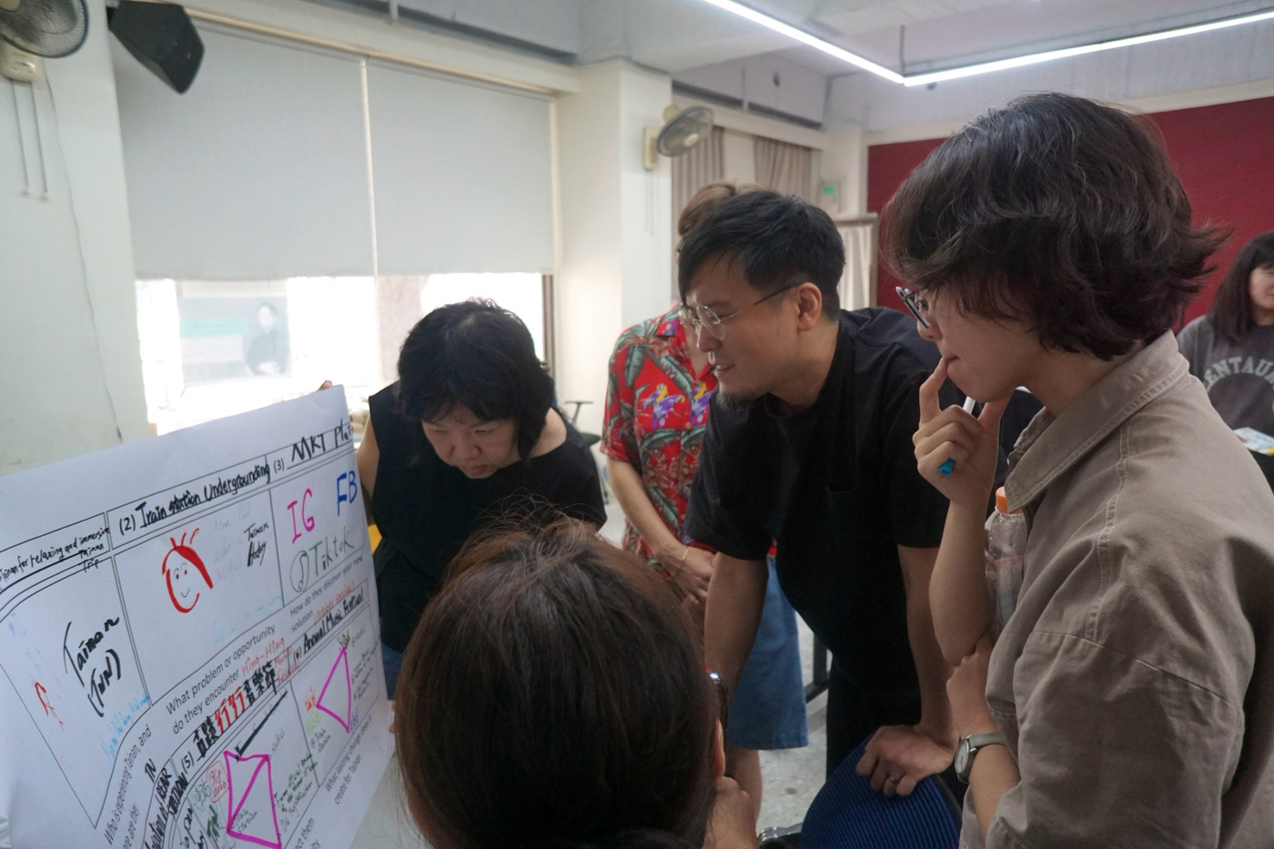 A close-up of four people gathered around a research poster board displayed on a stand. The poster contains handwritten notes, diagrams, and colored annotations in red and pink markers. A person in the foreground is partially visible examining the poster content.